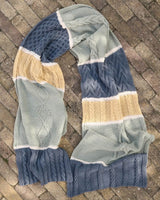 Top down view of knit scarf/shawl laid on brick patio.  thumbnail