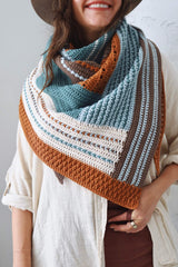 Cropped front view of triangular shawl worn bandana style.  thumbnail