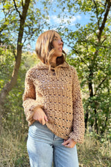 Front view of crochet sweater, with button placket and polo collar.  thumbnail