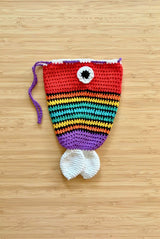 Fish pouch in bright rainbow colors, with red head and white fins.  thumbnail