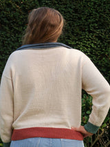 Back view of knit long sleeve top, showing back of polo collar.  thumbnail