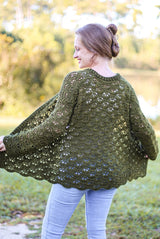 Back view of lacy crochet cardigan, showing scalloped lower edge and ribbed collar.  thumbnail