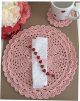 pink crocheted circular scalloped edge placemat and matching coaster with heart details thumbnail