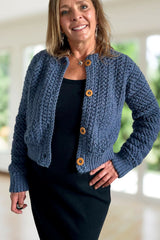 front view blue crochet cardigan thumbnail