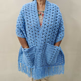 Easy Crochet Pocket Shawl Pattern, Pocket Scarf with Fringes, Womens Wrap, Crochet Cornflower Pocket Shawl (11) thumbnail