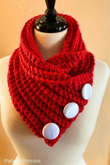 red chunky cowl with buttons on a dress form thumbnail