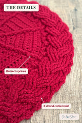 close up of handmade red and white cable braid crochet Christmas tree skirt thumbnail