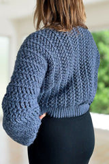 back view blue crochet cardigan thumbnail