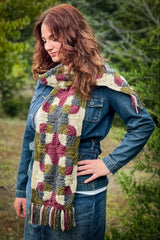 woman wearing crochet scarf in the woods thumbnail