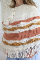 cream rust and yellow striped crocheted capelet poncho thumbnail