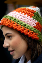 closeup of colorful crochet hat thumbnail