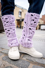 Closeup of granny legwarmers on a model thumbnail