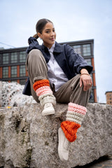 Model sitting on rock wearing legwarmers thumbnail