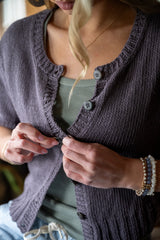 closeup of cardigan being buttoned thumbnail