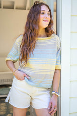 Model in doorway wearing a multicolor striped tee with mid length sleeves thumbnail
