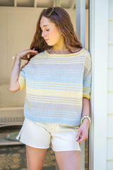 Model in doorway wearing a multicolor striped tee with mid length sleeves thumbnail