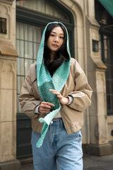 woman wearing crochet hooded scarf thumbnail