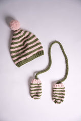 striped knit hat and mittens on a white background thumbnail