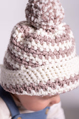 close up of crochet baby hat in cream and mushroom thumbnail