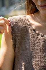 closeup of a brown knit top with crochet trim thumbnail