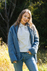 night blue cardigan worn by woman outdoors thumbnail