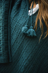 closeup of the teal-green knitted texture pattern and hanging fringe tassel ties thumbnail