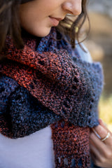 close-up of a gradient crochet scarf worn around the neck thumbnail