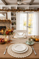 cream crocheted scalloped edge placemat on a dining table with place settings and autumn decor thumbnail