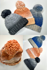 flat lays of crochet hats - one blue one black and one salmon thumbnail