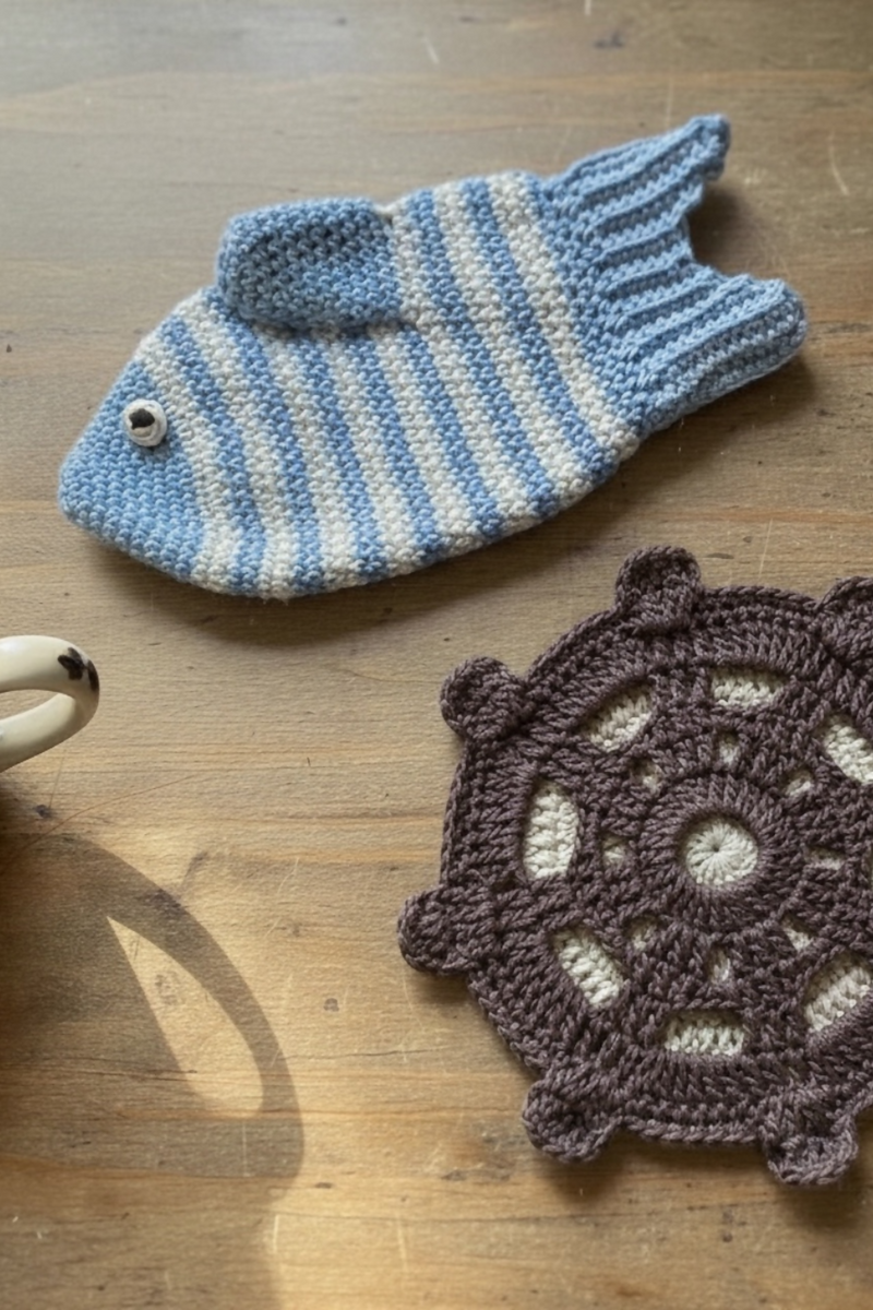 Fish Oven Mitt & Ship's Wheel Potholder/Trivet (Crochet) – Lion
