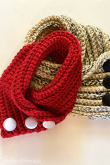 two chunky cowls with buttons in red and multicolor thumbnail