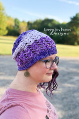 elixir beanie featuring purple ombre mandala yarn crocheted in a textured stitch pattern on model thumbnail