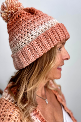 side view of crochet hat with pom pom thumbnail