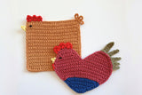handmade chicken and rooster crochet trivet set thumbnail