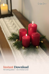 cream knitted cable braid table runner decorated with red pillar candles and pine greenery centerpiece thumbnail