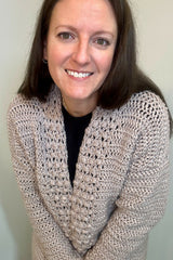 woman wearing crochet sweater thumbnail