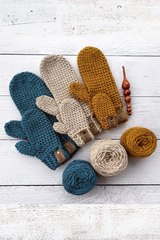 mittens in blue, taupe and mustard colors in both adult and child sizes thumbnail