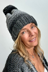 front view of crochet hat with pom pom thumbnail