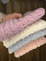 handmade lavender crochet spa set including a washcloth, lather sack and facial scrubby thumbnail