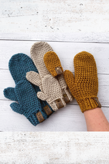 mittens in blue, taupe and mustard colors in both adult and child sizes and a hand thumbnail