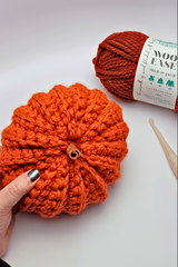 hand holding a crocheted orange pumpkin next to a skein of chunky rust yarn thumbnail
