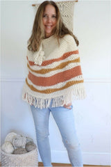 cream rust and yellow striped crocheted capelet poncho thumbnail