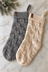 handmade gray and beige crochet Christmas stockings with basketweave texture thumbnail