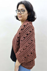 Crochet Cardigan Worn By A Woman Side View thumbnail