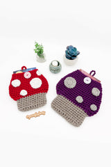 purple and red toadstool mushroom-shaped crocheted sleeve thumbnail