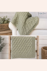 sage green knitted seersucker throw blanket displayed in two views: folded on a white armchair and hanging flat over a wooden ladder thumbnail