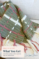 crocheted sage green tartan plaid throw blanket featuring cream and rose woven vertical stripes and fringe tassel ends thumbnail