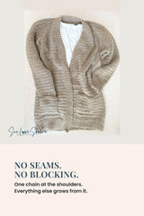 flat lay of a beige crochet cardigan with a tie belt and pockets over a white shirt thumbnail