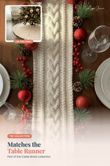 cream knitted cable braid table runner on a festive holiday table setting thumbnail