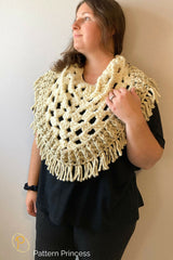 woman wearing a crocheted yellow light shade poncho scarf thumbnail